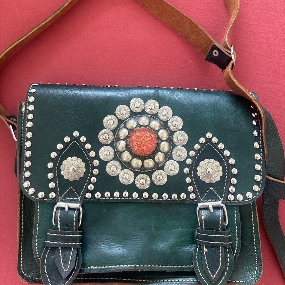 Handmade Green Leather Embellished Women's Bag - Moroccan